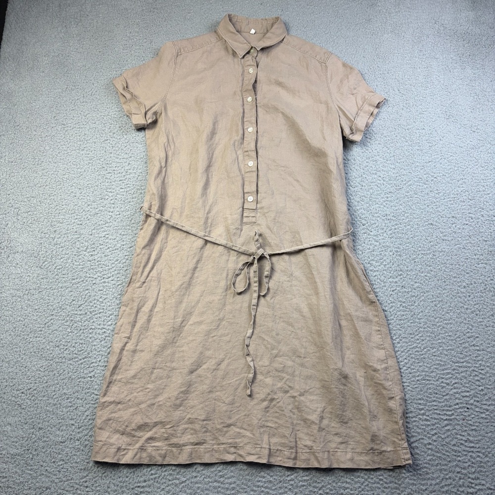 Muji Linen Short Sleeve Dress Womens Large Tan Belted Casual Minimalist
